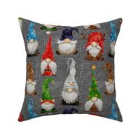 Christmas Gnome Assortment on Grey Linen - medium scale