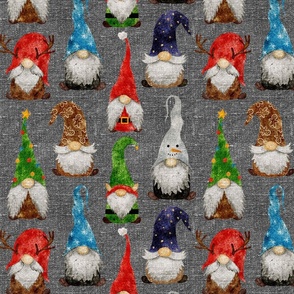 Christmas Gnome Assortment on Grey Linen - medium scale