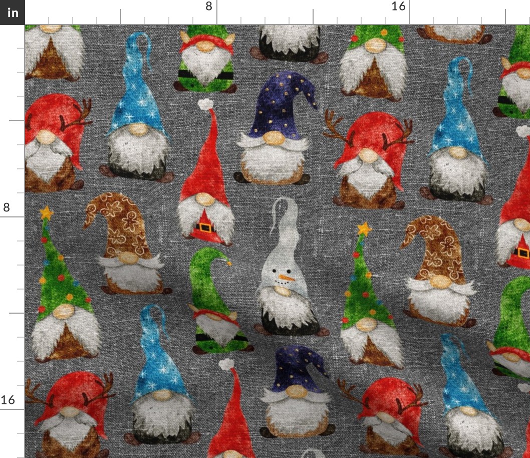 Christmas Gnome Assortment on Grey Linen - medium scale