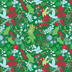 Christmas Flowers and Snowflakes Green Background Hand Drawn Winter Beauty