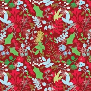 Christmas Flowers and Snowflakes Red Background Hand Drawn Winter Beauty