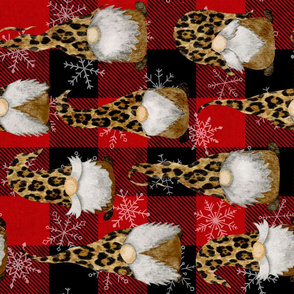 Leopard Gnomes with Snowflakes on Red Buffalo Plaid Rotated - large scale
