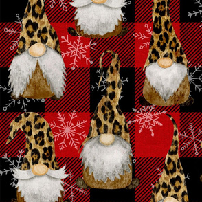 Leopard Gnomes with Snowflakes on Red Buffalo Plaid - large scale