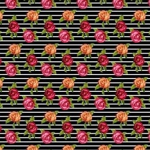 Multicolored Roses on Black  w/ White Horizontal Stripes  Tiny Print Fashion doll clothes / quilts / dollhouse  red orange  