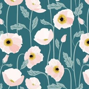 Pink Pastel Poppies on Green Background