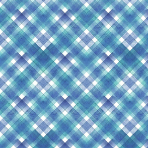 Watercolor diagonal teal and blue striped gingham plaid seamless texture