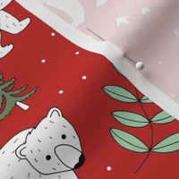 Seasonal Polar bear mommy and baby cub Scandinavian winter wonderland forest christmas kids design red green mint