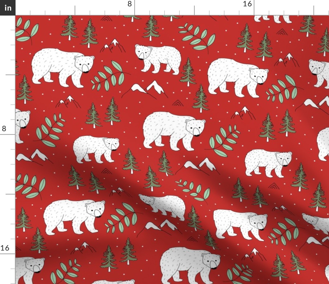 Seasonal Polar bear mommy and baby cub Scandinavian winter wonderland forest christmas kids design red green mint