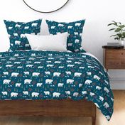 Seasonal Polar bear mommy and baby cub Scandinavian winter wonderland forest christmas kids design navy blue green red