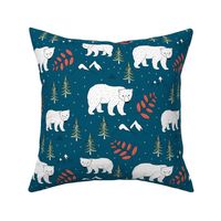 Seasonal Polar bear mommy and baby cub Scandinavian winter wonderland forest christmas kids design navy blue green red