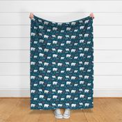 Seasonal Polar bear mommy and baby cub Scandinavian winter wonderland forest christmas kids design navy blue green red