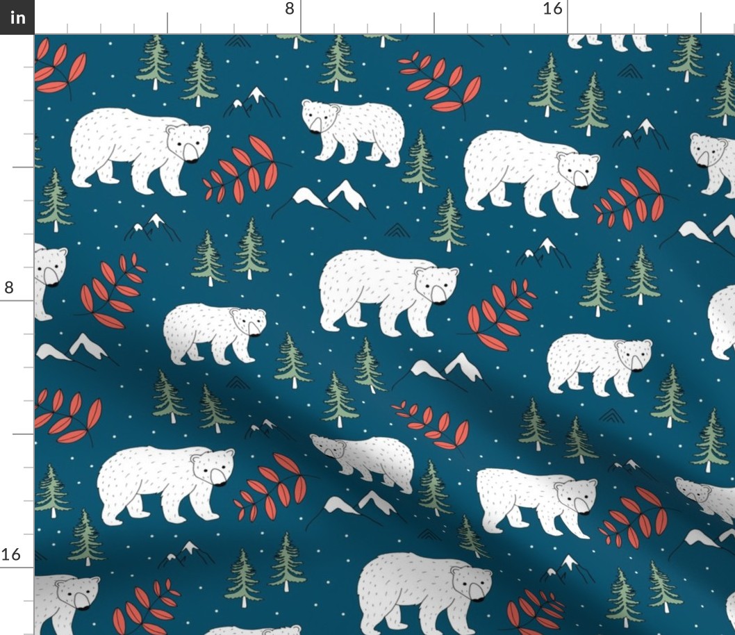 Seasonal Polar bear mommy and baby cub Scandinavian winter wonderland forest christmas kids design navy blue green red