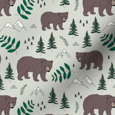 Sweet woodland grizzly bear mountains and pine tree forest nursery neutral green