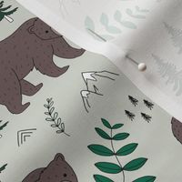 Sweet woodland grizzly bear mountains and pine tree forest nursery neutral green