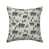 Sweet woodland grizzly bear mountains and pine tree forest nursery neutral green