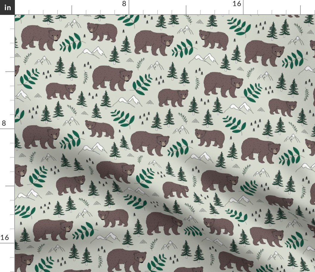 Sweet woodland grizzly bear mountains and pine tree forest nursery neutral green