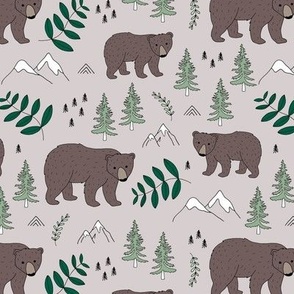 Sweet woodland grizzly bear mountains and pine tree forest nursery neutral green beige