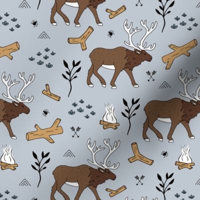 Sweet Scandinavian moose mountain camping adventures wood leaves and camp fire kids wild animals design soft blue gray boys