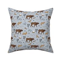 Sweet Scandinavian moose mountain camping adventures wood leaves and camp fire kids wild animals design soft blue gray boys