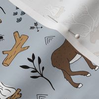 Sweet Scandinavian moose mountain camping adventures wood leaves and camp fire kids wild animals design soft blue gray boys