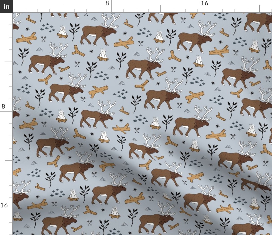 Sweet Scandinavian moose mountain camping adventures wood leaves and camp fire kids wild animals design soft blue gray boys