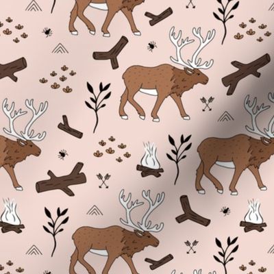 Sweet Scandinavian moose mountain camping adventures wood leaves and camp fire kids wild animals design soft beige sand brown