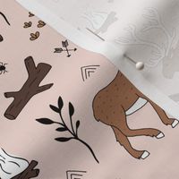 Sweet Scandinavian moose mountain camping adventures wood leaves and camp fire kids wild animals design soft beige sand brown