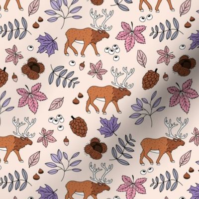 Little autumn woodland moose maple leaves and oak leaf forest kids design soft beige sand green lilac pink girls 