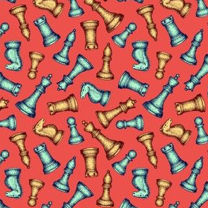 Scattered Chess Pieces (Coral Palette) – Small Scale