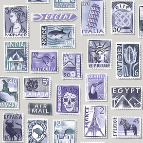 large scale Postage stamps of the world/ soft violet monochrome