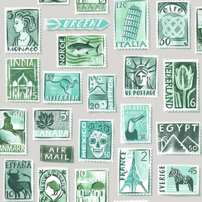 large scale Postage stamps of the world/ soft green monochrome