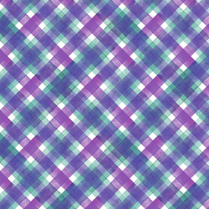 Watercolor diagonal green and purple striped gingham plaid seamless texture