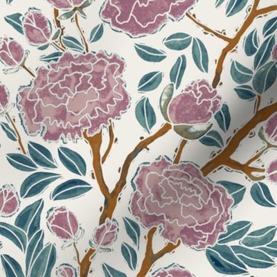 Outline Mauve Peonies on Linen