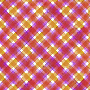 Watercolor diagonal red, purple and orange striped gingham plaid seamless texture