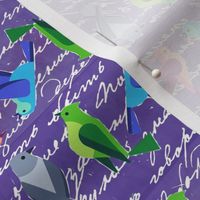 colorful birds on purple writing