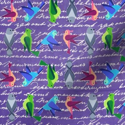 colorful birds on purple writing