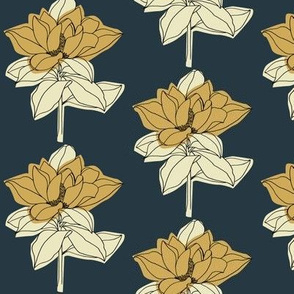 Magnolias, Line Drawing with Ochre and Beige on Navy