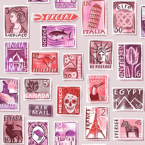 large scale Postage stamps of the world/ soft pink monochrome