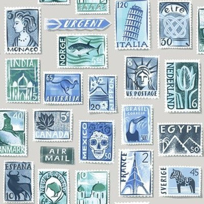 regular scale Postage stamps of the world/ soft blue monochrome