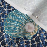 navy turquoise pearl shells, fantasy mermaid, gold net, blue ocean, beachy, mermaid, nautical, white pearl, pearls, shells, seashells, mother of pearl, sea ocean pattern.