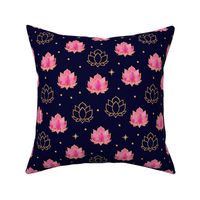 Diwali Lotus Night - pink waterlilies on navy blue with faux gold stars