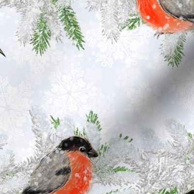 Bullfinches bird pattern, christmas pattern, red berries, red birds, glitter, winter birds, bullfinches, birds, snow, winter, nature, christmas birds, red and white.