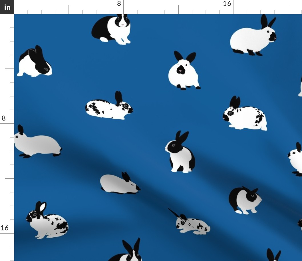 Monochrome Rabbits on Blue - medium scale