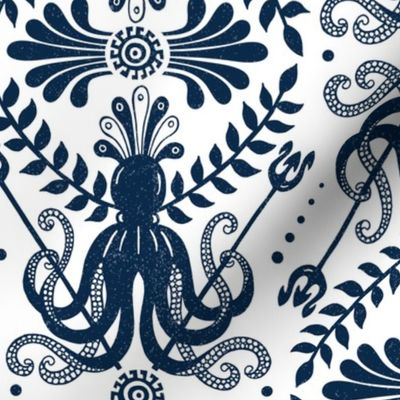Mythos - Nautical Octopus Damask White Navy Blue Large Scale