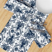 Mythos - Nautical Octopus Damask White Navy Blue Large Scale