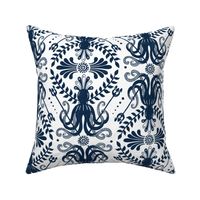 Mythos - Nautical Octopus Damask White Navy Blue Large Scale