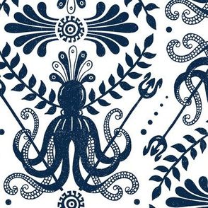 Mythos - Nautical Octopus Damask White Navy Blue Large Scale