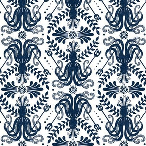 Mythos - Nautical Octopus Damask White Navy Blue Regular Scale