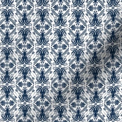 Mythos - Nautical Octopus Damask White Navy Blue Ditsy Scale