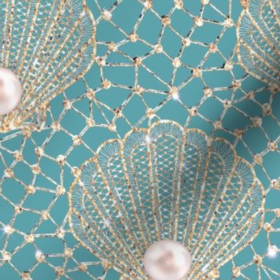 sea shells, mother of pearl, sea, shell, pearls, beachy, gold net, gold crochet, turquoise, green, ocean, navy, nautical.